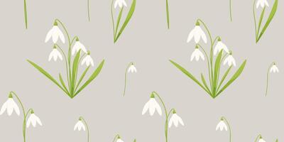 Vector seamless pattern with white snowdrops and green leaves.