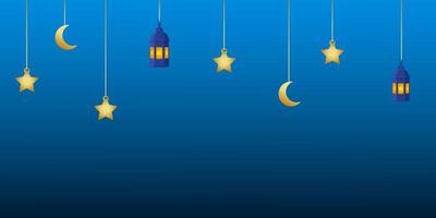 Ramadán kareem horizontal modelo con oro estado animico y estrellas, linterna en azul antecedentes. vector ilustración.