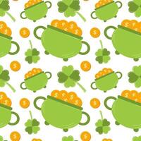 Seamless St. Patrick's Day pattern with clover and a pot of coins. template for textiles, interior design, book decoration, website background, invitation, greeting card, pub menu. Vector illustration