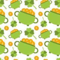 Seamless St. Patrick's Day pattern with clover and a pot of coins. template for textiles, interior design, book decoration, website background, invitation, greeting card, pub menu. Vector illustration