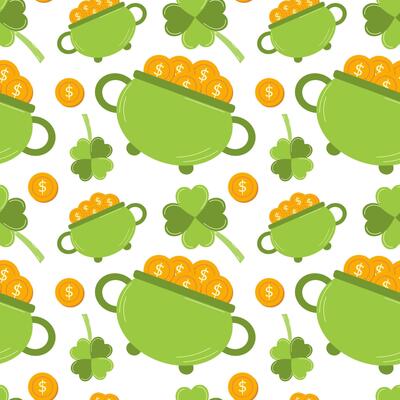 Seamless St. Patrick's Day pattern with clover and a pot of coins. template for textiles, interior design, book decoration, website background, invitation, greeting card, pub menu. Vector illustration