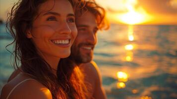 AI generated Joyful moments of love and laughter captured in golden sunset light photo