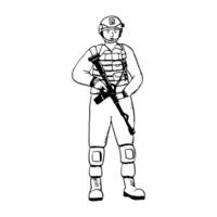 Vector standing soldier in uniform with assault riffle black and white ink illustration for war and peace designs or Veteran Day. Front view