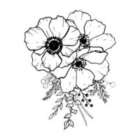 Bouquet of black and white anemones triangle composition with field poppies flowers, eucalyptus and grass vector illustration for greeting cards, spring wedding invitations