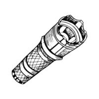 Tactical military flashlight black and white vector illustration. LED electric camping equipment ink sketch