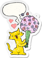 cartoon cat in love with flowers with speech bubble distressed distressed old sticker png