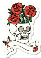 worn old sticker with banner of a skull and roses png