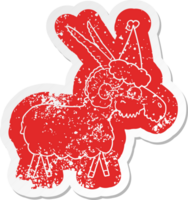 quirky cartoon distressed sticker of a goat wearing santa hat png