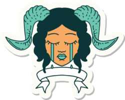 sticker of a crying tiefling character face with scroll banner png