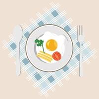 Fried egg on plate from above vector graphics, Various eggs. Different English breakfast, Vector illustration in cartoon style. Fried eggs with bacon and vegetables. EPS10