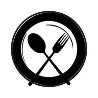 Plate, fork and knife icon in flat style. Food symbol isolated Plate icon. Flat vector illustration in black on white background. EPS 10