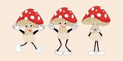 Mushroom character design different expression in vintage style, Kawaii mushroom cartoon mascot character vector illustration. Eps 10