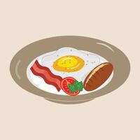 Fried egg on plate from above vector graphics, Various eggs. Different English breakfast, Vector illustration in cartoon style. Fried eggs with bacon and vegetables. EPS10