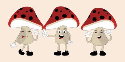 Mushroom character design different expression in vintage style, Kawaii mushroom cartoon mascot character vector illustration. Eps 10