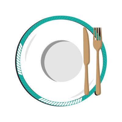 Dish, Empty plate with knife and fork  isolated on a white background. Plate circle icon with long shadow. Flat design style