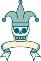 traditional tattoo with banner of a skull jester png