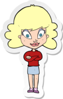 sticker of a cartoon happy woman with folded arms png