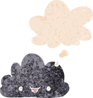 cartoon tiny happy cloud with thought bubble in grunge distressed retro textured style png