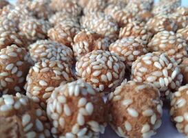 Sesame cookies wooden table. Top view. photo