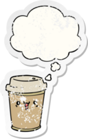 cartoon take out coffee with thought bubble as a distressed worn sticker png