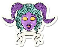 rosto de personagem tiefling estilo tatuagem retrô com banner de rolagem png