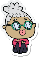 sticker of a cartoon sitting woman wearing spectacles png