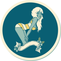 sticker of tattoo in traditional style of a pinup girl in swimming costume with banner png