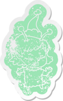 cute alien girl quirky cartoon distressed sticker of a wearing santa hat png