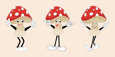 Mushroom character design different expression in vintage style, Kawaii mushroom cartoon mascot character vector illustration. Eps 10