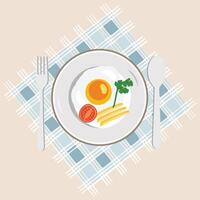 Fried egg on plate from above vector graphics, Various eggs. Different English breakfast, Vector illustration in cartoon style. Fried eggs with bacon and vegetables. EPS10