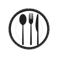 Plate, fork and knife icon in flat style. Food symbol isolated Plate icon. Flat vector illustration in black on white background. EPS 10