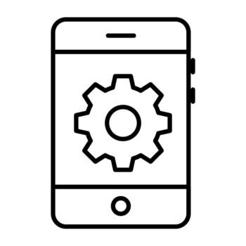 Gear inside smartphone, linear design of mobile setting vector