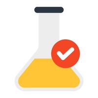 Chemical flask with tick mark, icon of verified flask vector