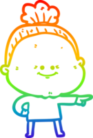 rainbow gradient line drawing of a cartoon happy old woman png