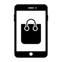 Icon of mobile shopping app, handbag inside smartphone vector