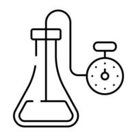 Chemical flask with stopwatch, icon of experiment time vector