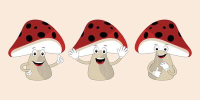 Mushroom character design different expression in vintage style, Kawaii mushroom cartoon mascot character vector illustration. Eps 10