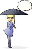 Cartoon-Frau mit Regenschirm mit Gedankenblase png