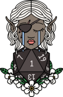 estilo de tatuaje retro cara de personaje pícaro duende llorando con un rollo natural d20 png