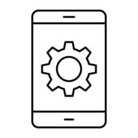 Gear inside smartphone, linear design of mobile setting vector