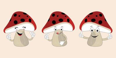 Mushroom character design different expression in vintage style, Kawaii mushroom cartoon mascot character vector illustration. Eps 10