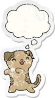 cute cartoon puppy with thought bubble as a distressed worn sticker png