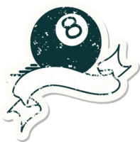 worn old sticker with banner of 8 ball png