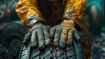 AI generated Close up of a tire repair workers hands. AI photo