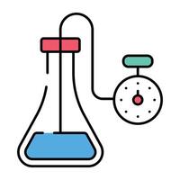 Chemical flask with stopwatch, icon of experiment time vector