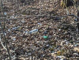 el plastico pantalones y botellas en el suelo en el bosque foto