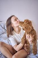 young woman playing and kissing cockapoo girl on bed, minimalism photo