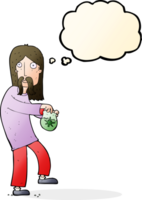 dessin animé hippie homme avec sac de mauvaises herbes avec bulle de pensée png