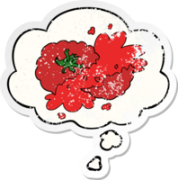 cartoon squashed tomato with thought bubble as a distressed worn sticker png