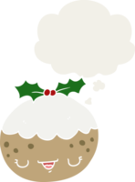 cute cartoon christmas pudding with thought bubble in retro style png